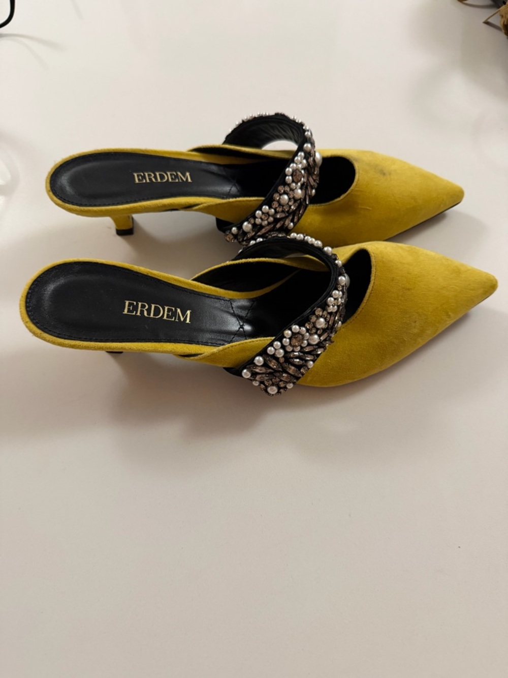 ERDEM Mustard Yellow Suede Pointed-Toe Mule Heels with Jeweled Strap